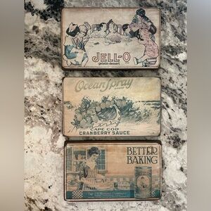 Vintage wooden signs! Jello, JR Watkins better baking powder and ocean spray